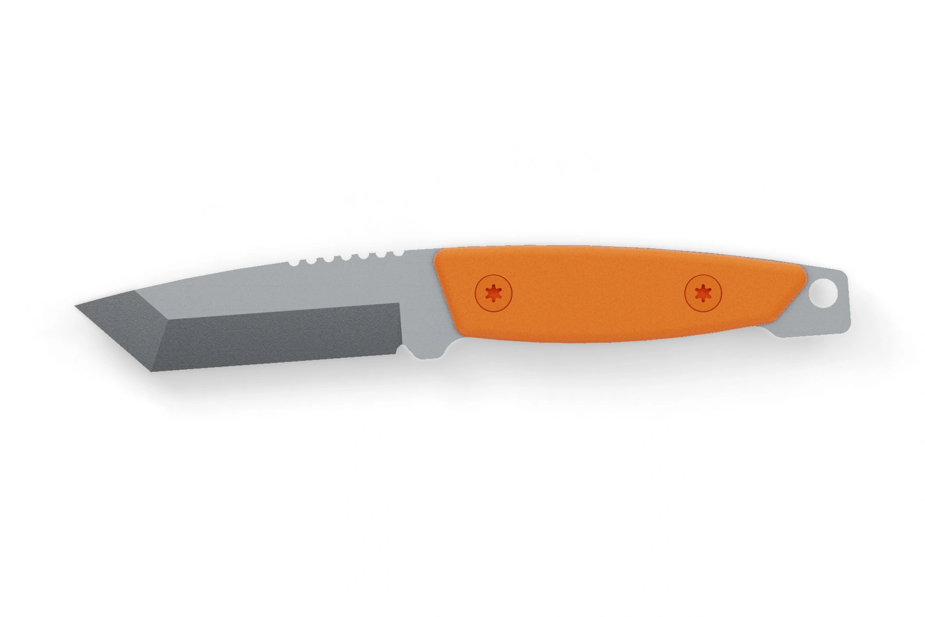 Badger — N690 · tanto · Uncoated · Cubic handle · Hunter Orange Cerakote screws · Assembled front view
