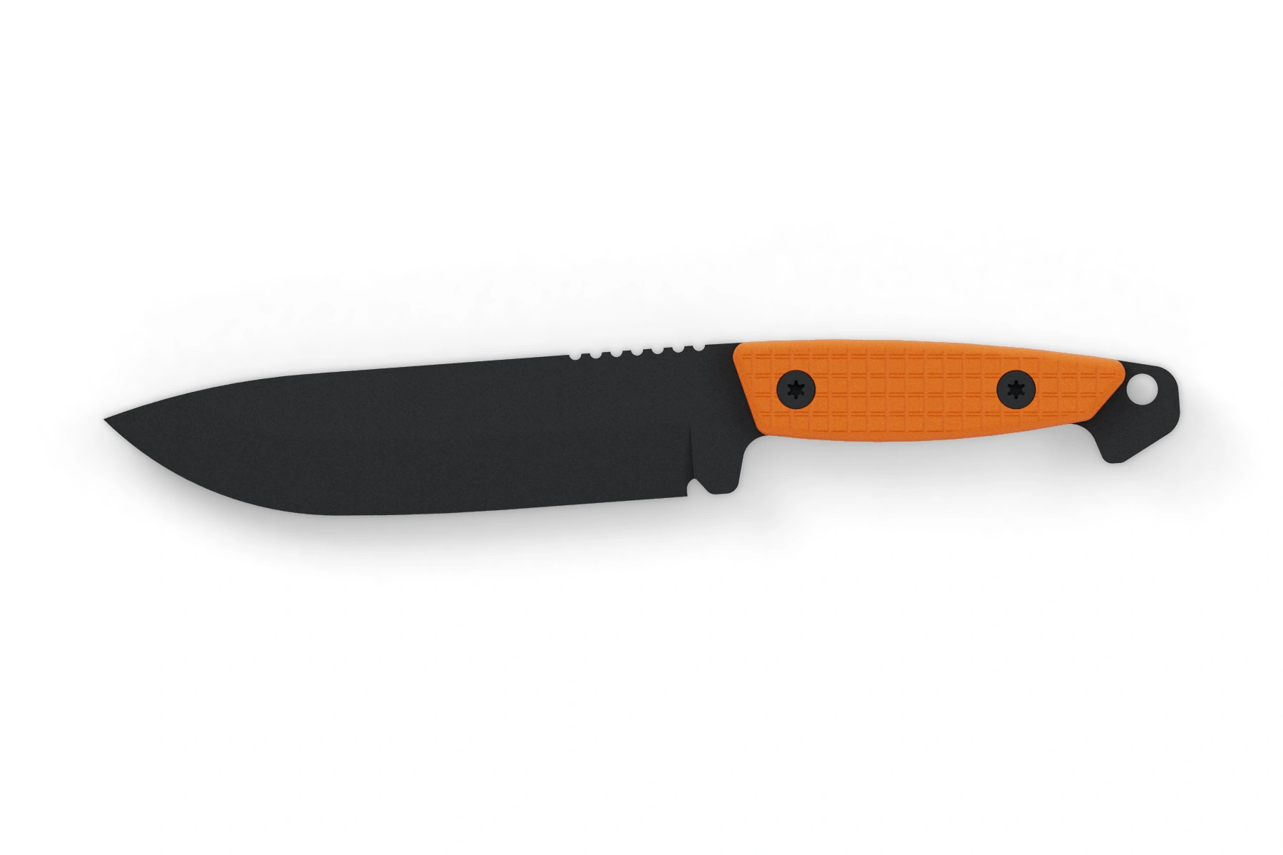 Bear · Graphite & orange — N690 · drop point · Graphite Black Cerakote · Cubic handle · Graphite Black Cerakote screws · Assembled front view