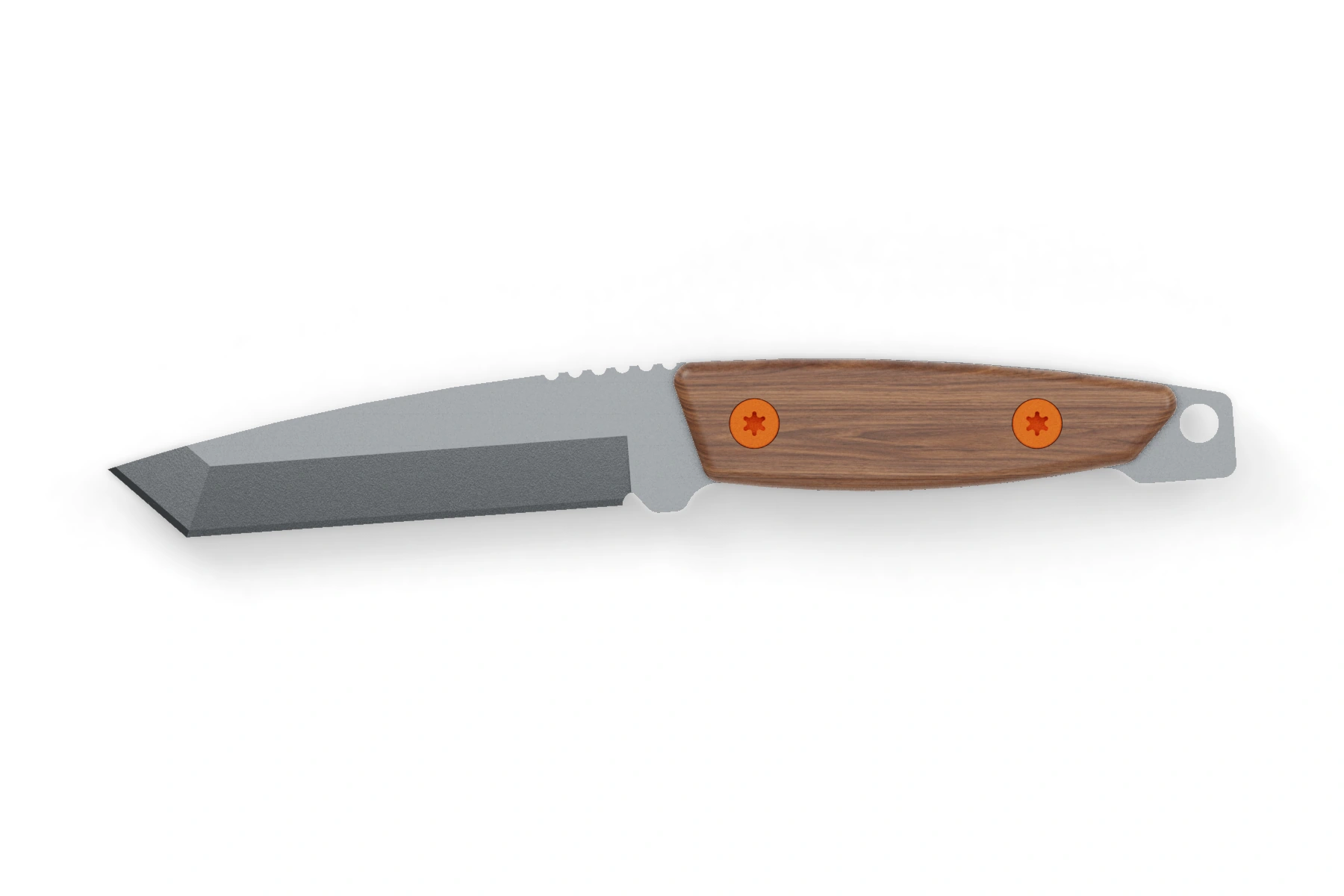 Fox — N690 · tanto · Uncoated · Cubic handle · Hunter Orange Cerakote screws · Assembled front view
