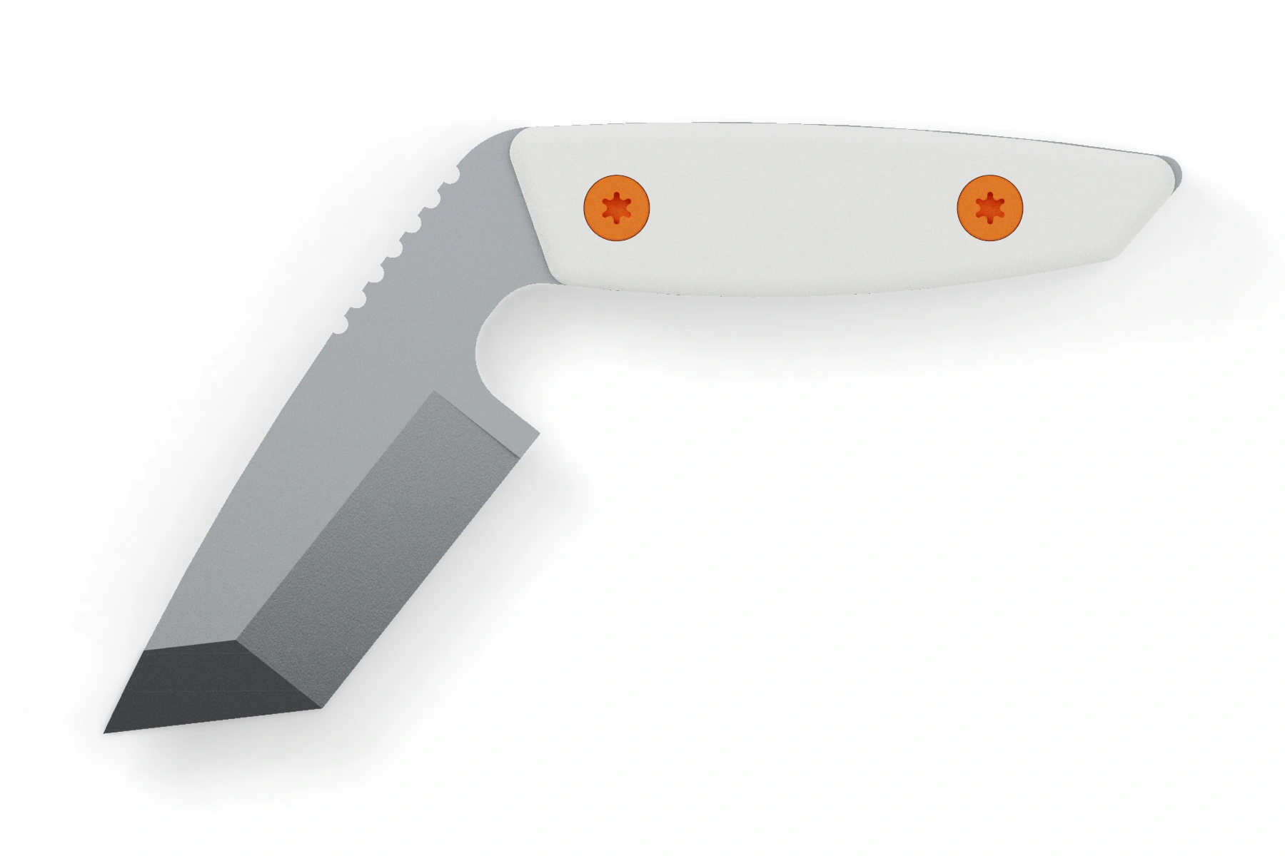 Mantis — N690 · tanto · Uncoated · Cubic handle · Hunter Orange Cerakote screws · Assembled front view