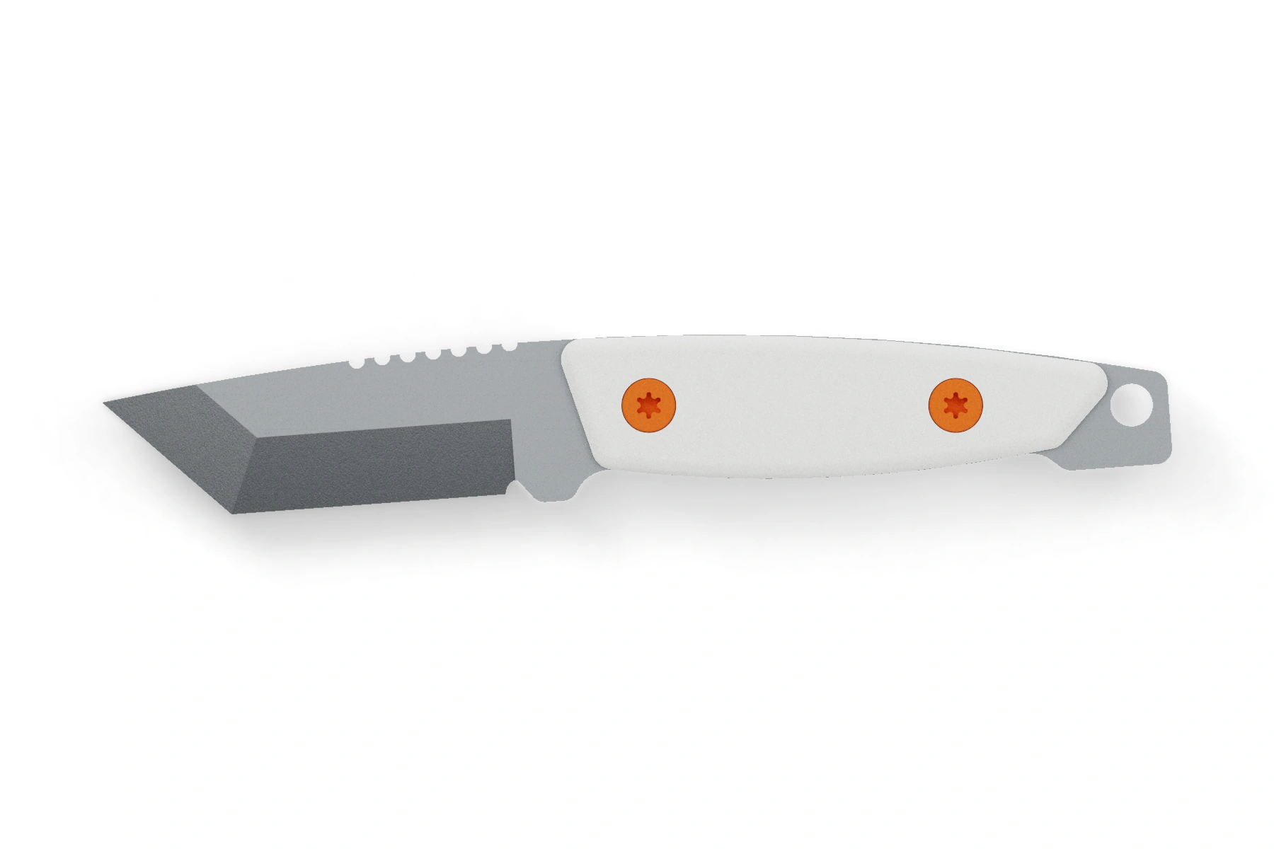 Opossum — N690 · tanto · Uncoated · Cubic handle · Hunter Orange Cerakote screws · Assembled front view