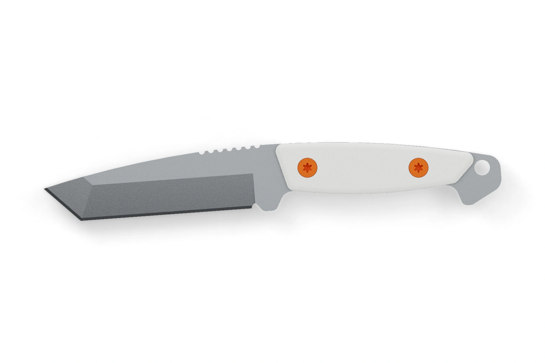Wolf — N690 · tanto · Uncoated · Cubic handle · Hunter Orange Cerakote screws · Assembled front view