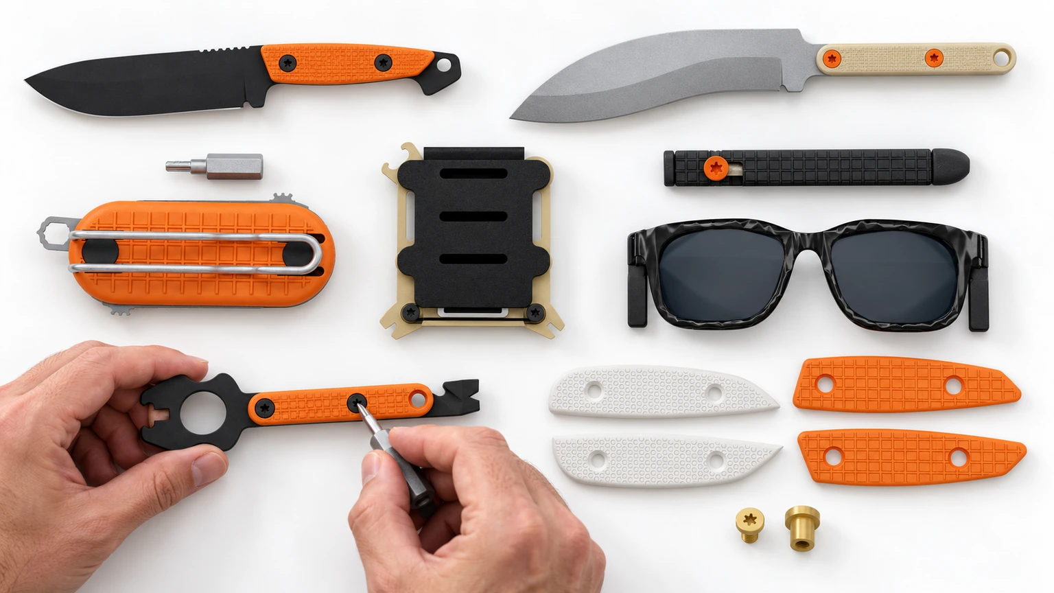 Turq Gear product families, handles and screw set on a white tabletop, with two hands tightening a Lobster handle