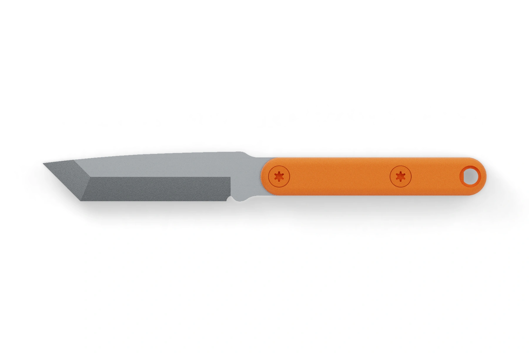 Badger — N690 · tanto · Uncoated · Slim handle · Hunter Orange Cerakote screws · Assembled front view