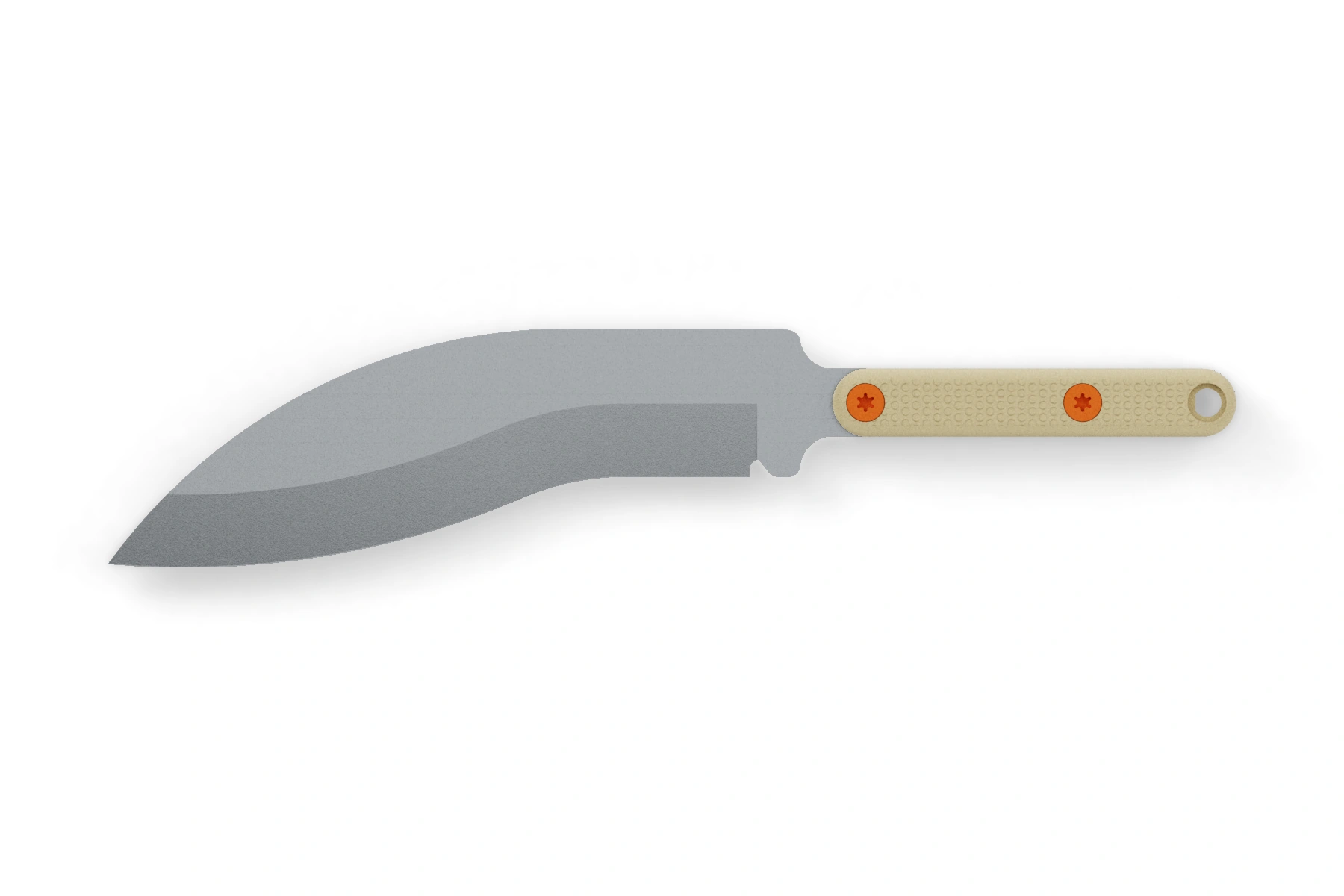 Bear · Sand & steel — N690 · kukri drop point · Uncoated · Slim handle · Hunter Orange Cerakote screws · Assembled front view
