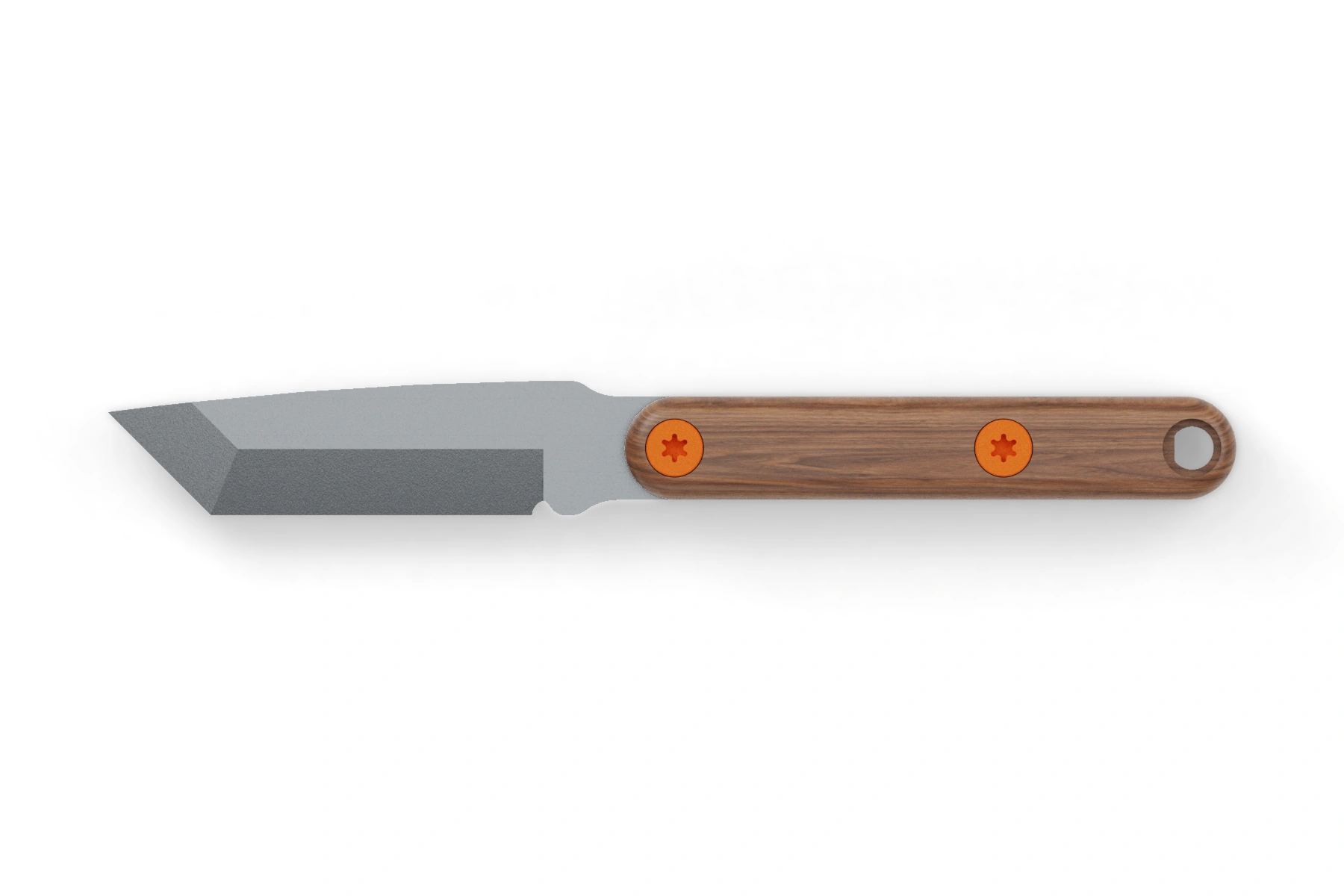 Opossum — N690 · tanto · Uncoated · Slim handle · Hunter Orange Cerakote screws · Assembled front view