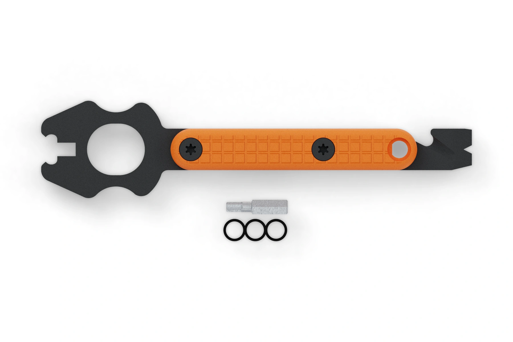 Lobster · Orange grip — N690 · Graphite Black Cerakote · Slim Orange G10 handles · Graphite Black Cerakote screws · 2 O-rings · T25 bit · Assembled front view