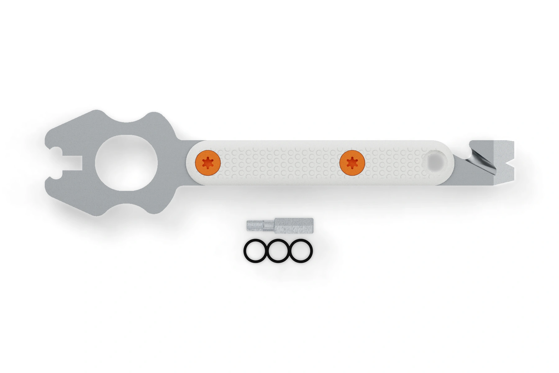 Lobster · White grip — N690 · Uncoated · Slim White G10 handles · Hunter Orange Cerakote screws · 2 O-rings · T25 bit · Assembled front view