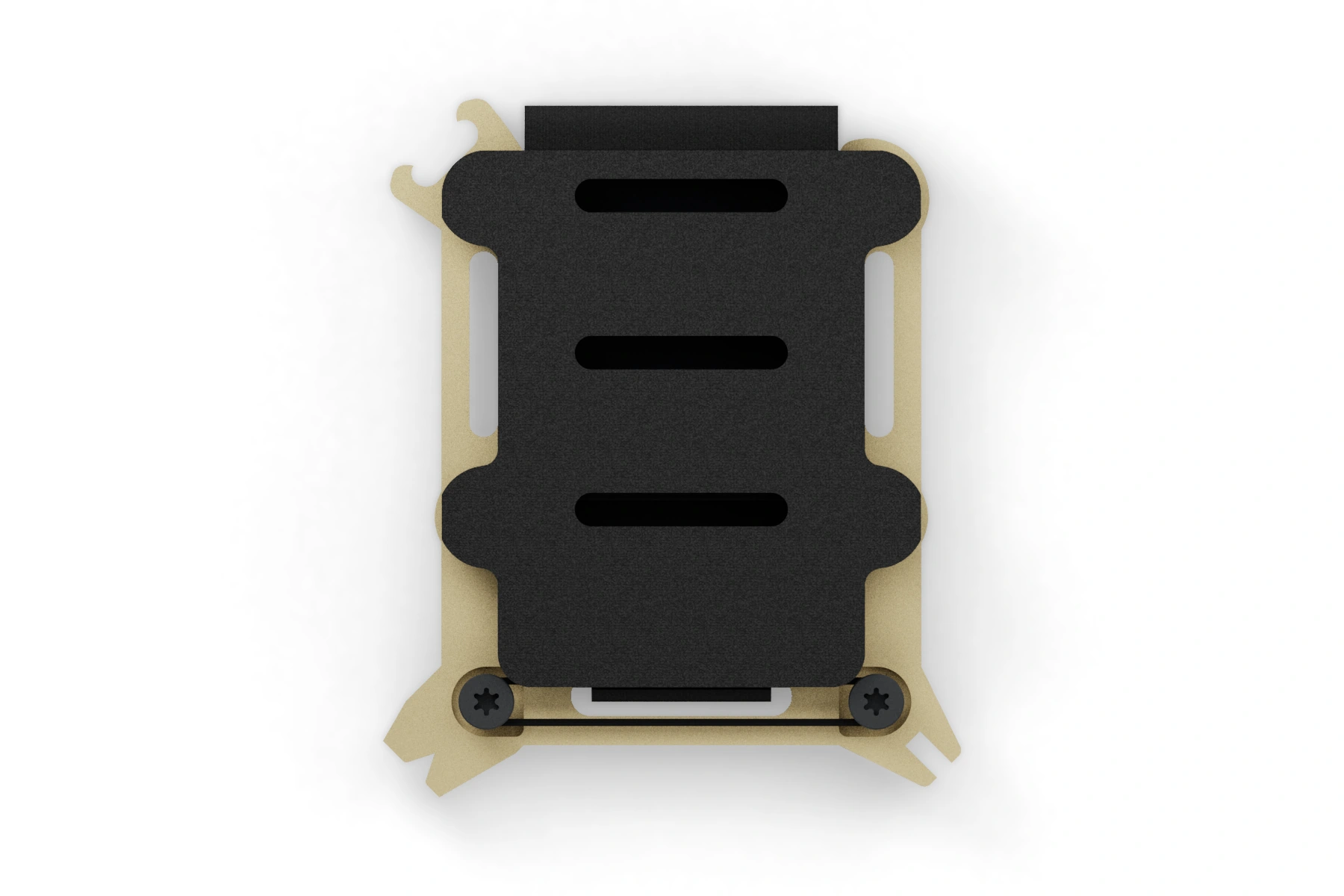 Oyster · Mix & match — 7075 aluminium · Desert Sand Cerakote frame · Graphite Black Cerakote screws · Slim Velcro · Assembled front view