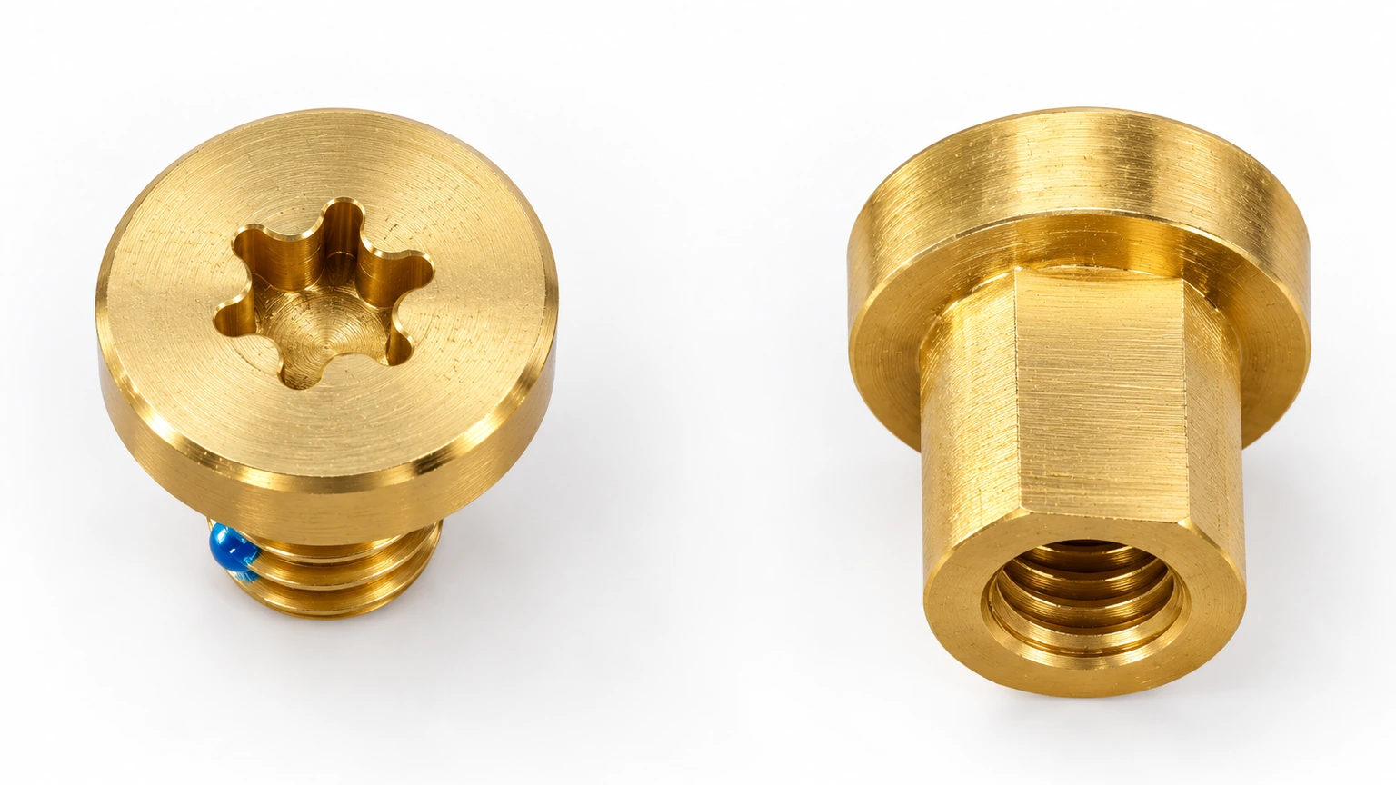 Close-up of the Turq Gear male and female screw set, with a small blue threadlocker drop on the male threads
